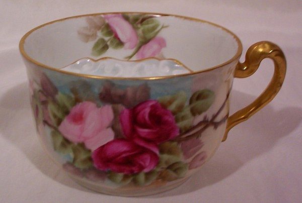 T&V Limoges Mustache Cup and Saucer Hand Painted Roses T&V Limoges Mustache Cup and Saucer Hand Painted Roses