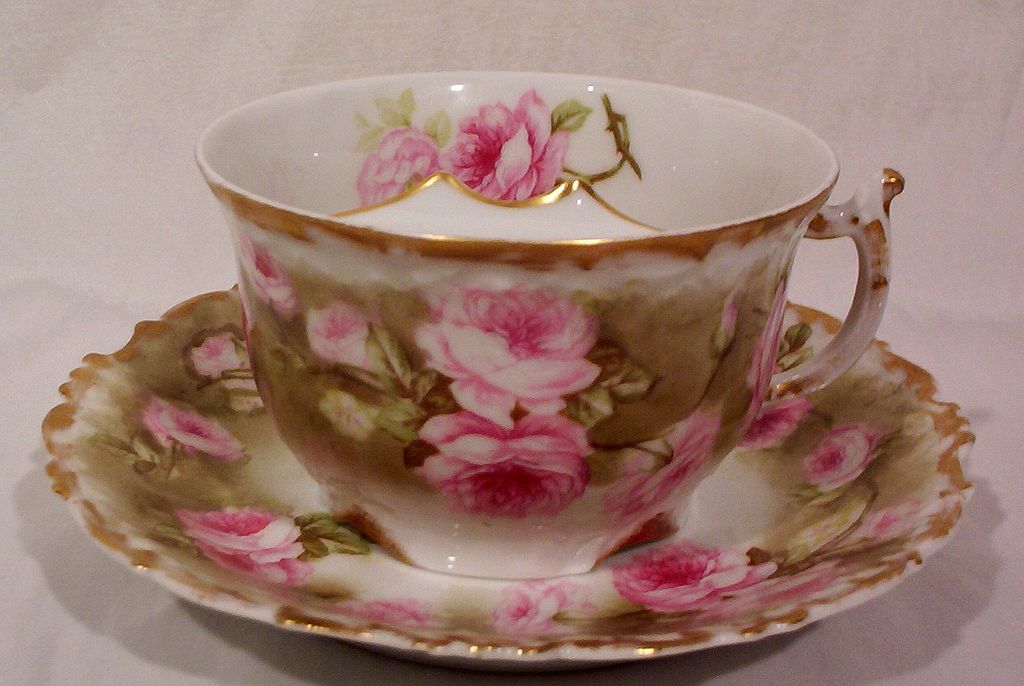 Vintage Limoges Mustache Cup and Saucer with Roses Vintage Limoges Mustache Cup and Saucer with Roses