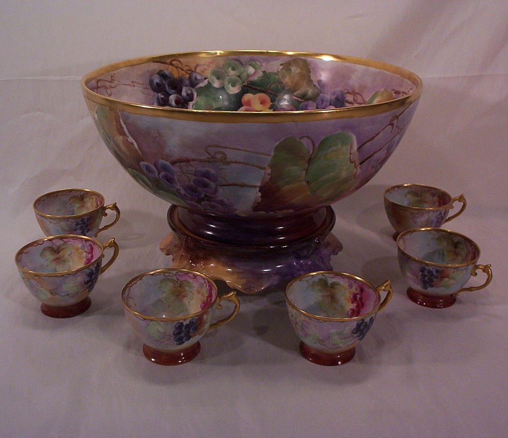 T&V Limoges Punch Bowl & Six Cups Hand Painted Grapes T&V Limoges Punch Bowl & Six Cups Hand Painted Grapes