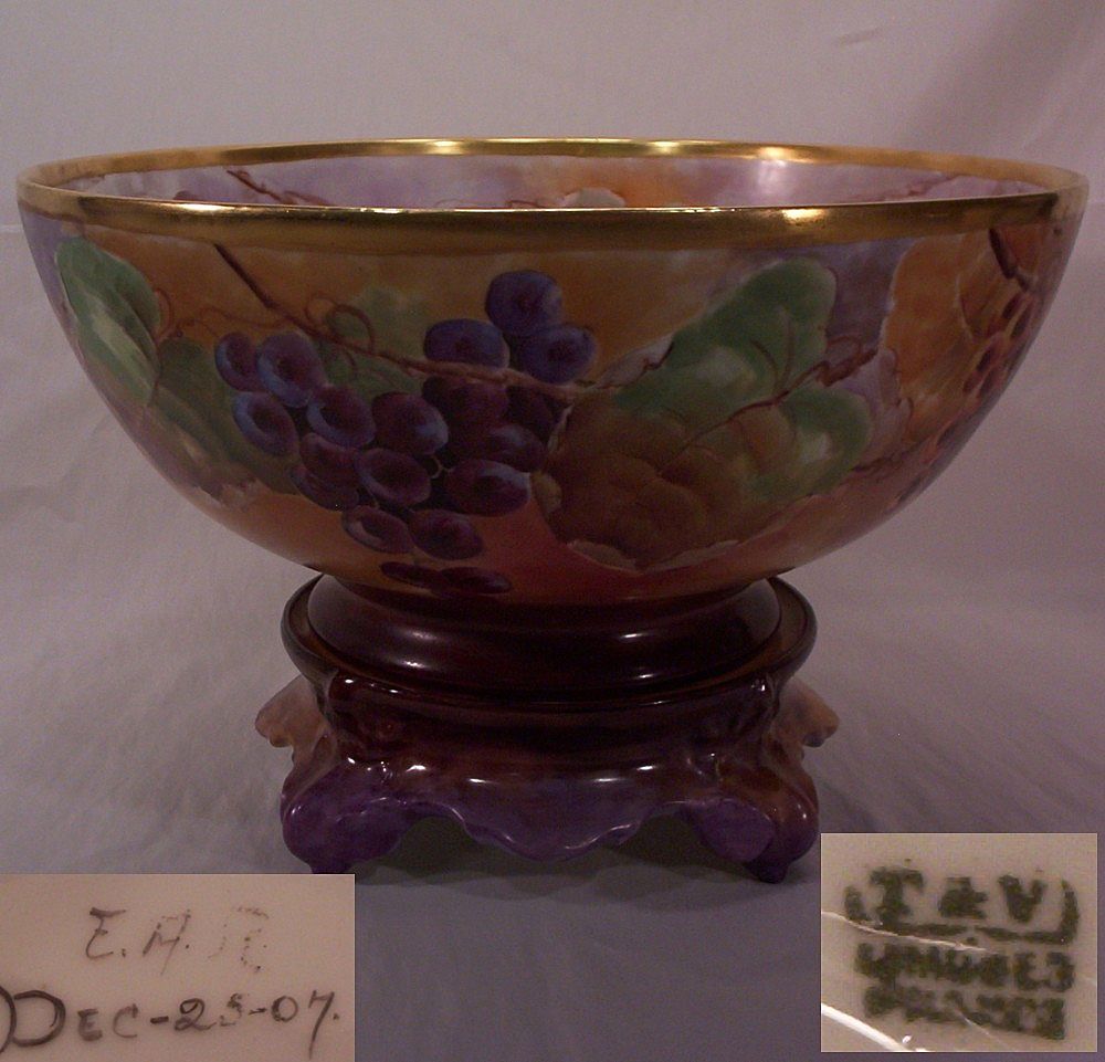 T&V Limoges Punch Bowl & Six Cups Hand Painted Grapes T&V Limoges Punch Bowl & Six Cups Hand Painted Grapes