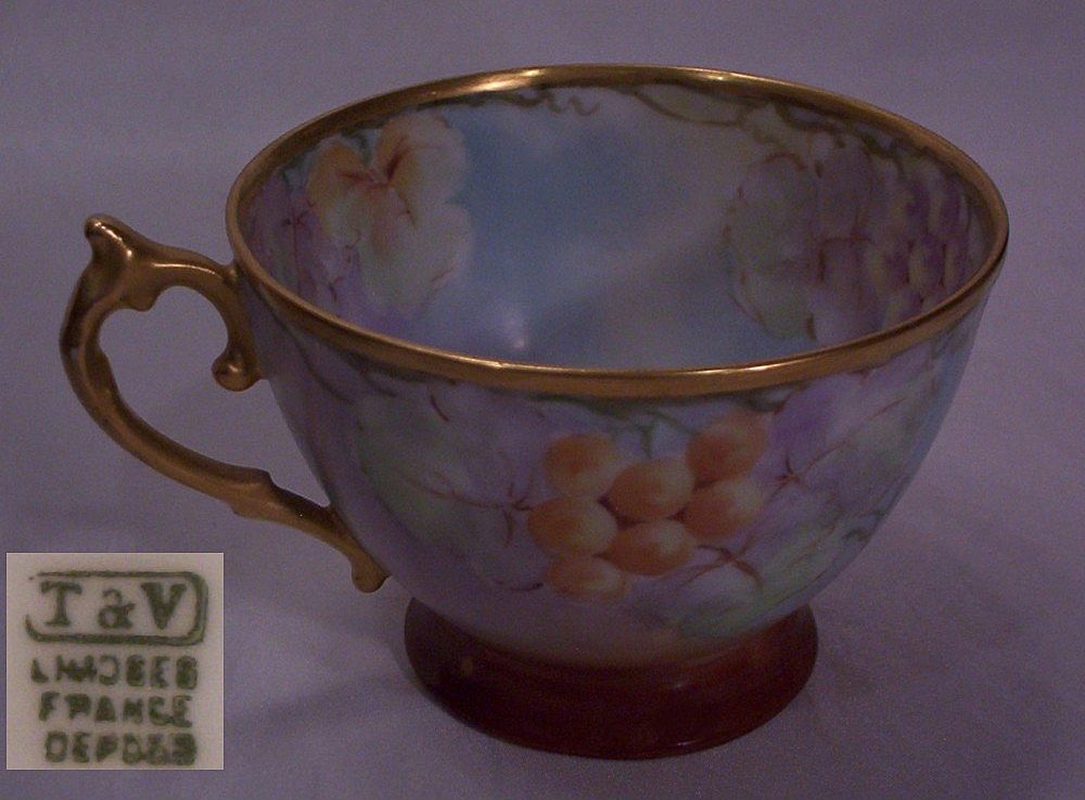 T&V Limoges Punch Bowl & Six Cups Hand Painted Grapes T&V Limoges Punch Bowl & Six Cups Hand Painted Grapes