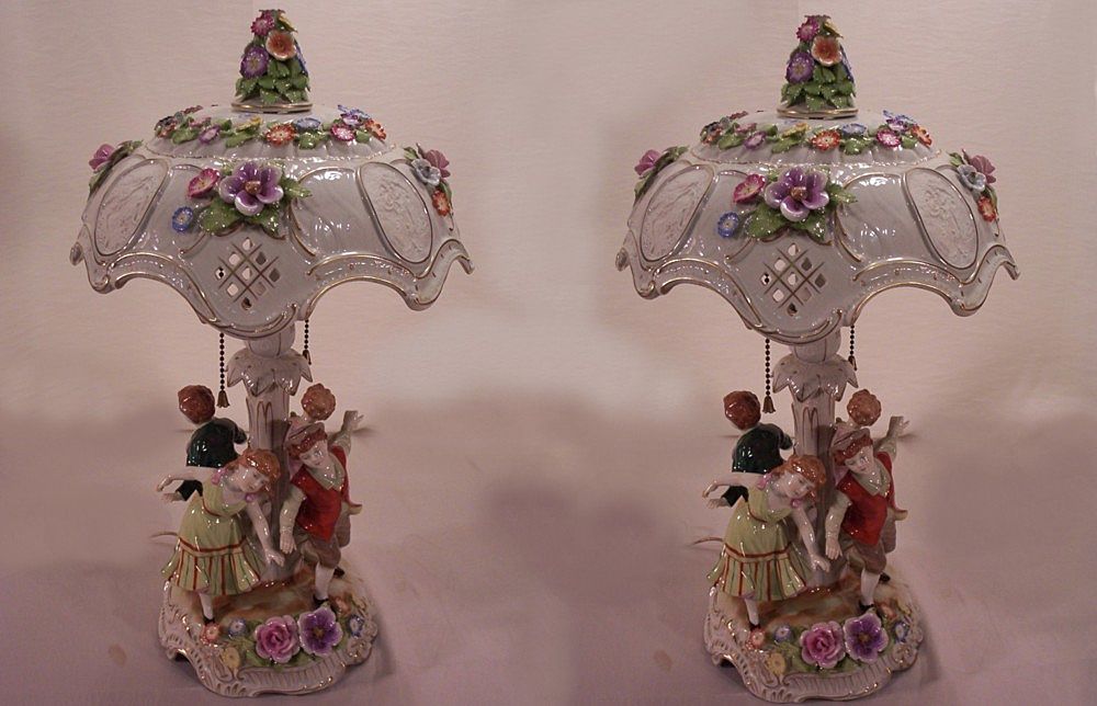 Fabulous Pair Dresden Lithopane Porcelain Lamps Fabulous Pair Dresden Lithopane Porcelain Lamps