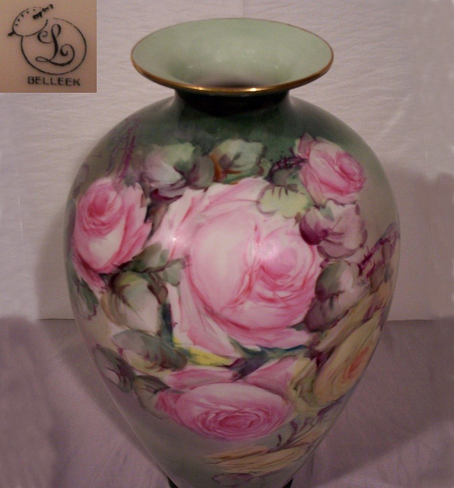 Fabulous Belleek Vase Decorated with Hand Painted Roses Fabulous Belleek Vase Decorated with Hand Painted Roses