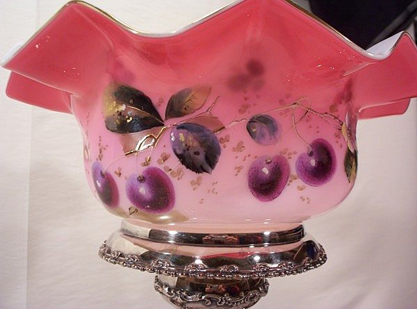 Cased Glass Bride's Bowl Decorated with Cherries Silver Plate Frame w/ Cherubs Cased Glass Bride's Bowl Decorated with Cherries Silver Plate Frame w/ Cherubs