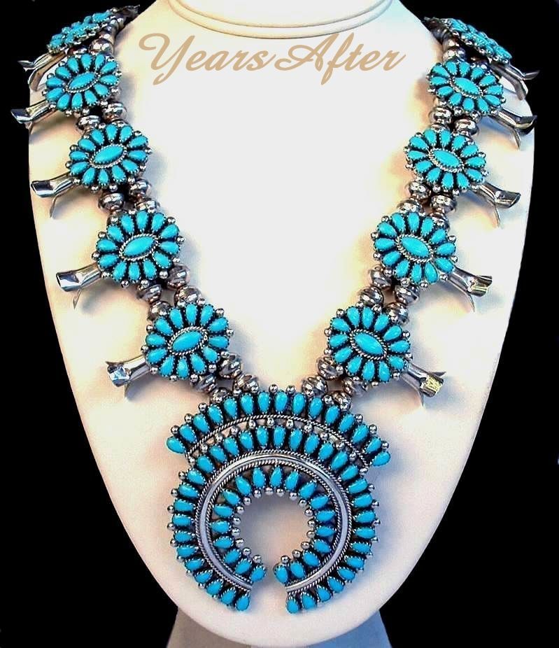 LONG Vintage Native American Navajo SQUASH Blossom Necklace Turquoise STERLING c.1970's! LONG Vintage Native American Navajo SQUASH Blossom Necklace Turquoise STERLING c.1970's!