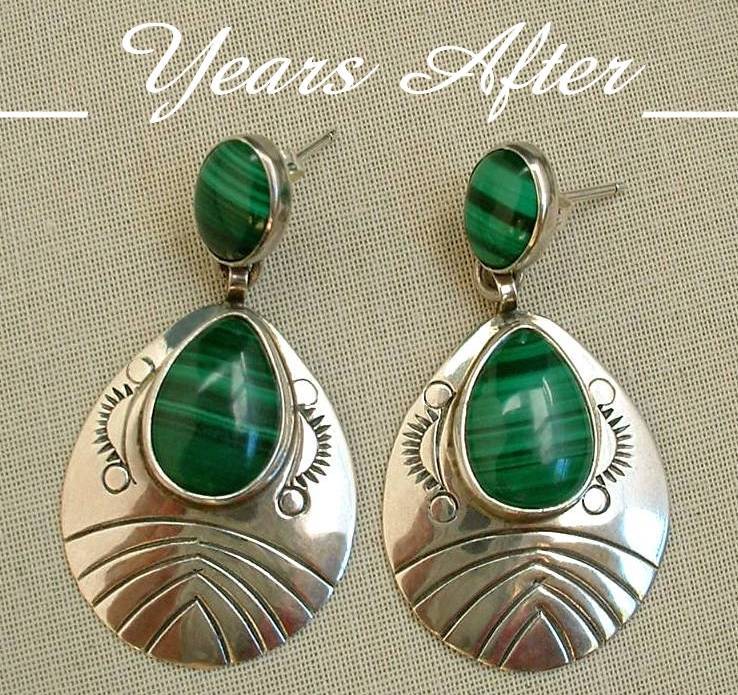 SIGNED BEGAY Vintage NATIVE American Earrings Navajo Sterling Silver Malachite Gemstone Stampwork c.1970's! SIGNED BEGAY Vintage NATIVE American Earrings Navajo Sterling Silver Malachite Gemstone Stampwork c.1970's!