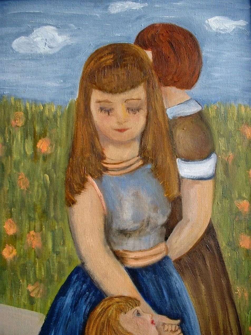 Framed Oil PAINTING Women Mother Daughter Flowers TRANQUILITY Artist SIGNED Esther Melamed c.1970's! Framed Oil PAINTING Women Mother Daughter Flowers TRANQUILITY Artist SIGNED Esther Melamed c.1970's!