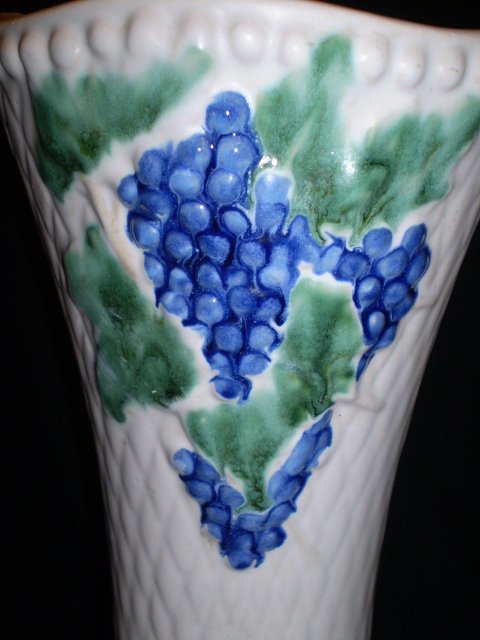 MCCOY "Antique Curio" 14 1/2" Tall White Vase - Grapes & Leaves MCCOY "Antique Curio" 14 1/2" Tall White Vase - Grapes & Leaves