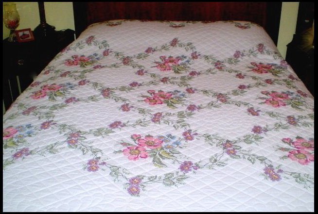 Handmade & Signed "Wild Rose" Cross Stitch Quilt Handmade & Signed "Wild Rose" Cross Stitch Quilt