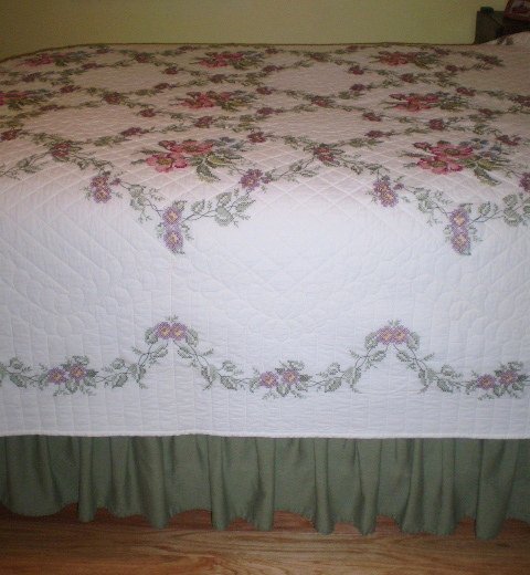 Handmade & Signed "Wild Rose" Cross Stitch Quilt Handmade & Signed "Wild Rose" Cross Stitch Quilt