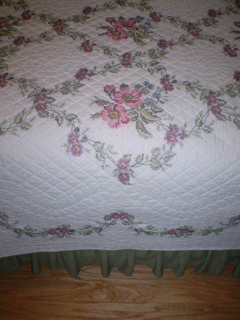 Handmade & Signed "Wild Rose" Cross Stitch Quilt Handmade & Signed "Wild Rose" Cross Stitch Quilt