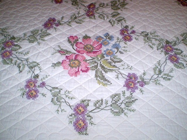 Handmade & Signed "Wild Rose" Cross Stitch Quilt Handmade & Signed "Wild Rose" Cross Stitch Quilt