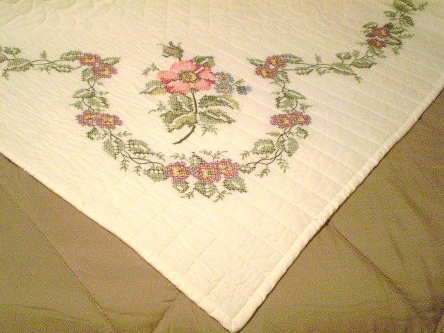 Handmade & Signed "Wild Rose" Cross Stitch Quilt Handmade & Signed "Wild Rose" Cross Stitch Quilt