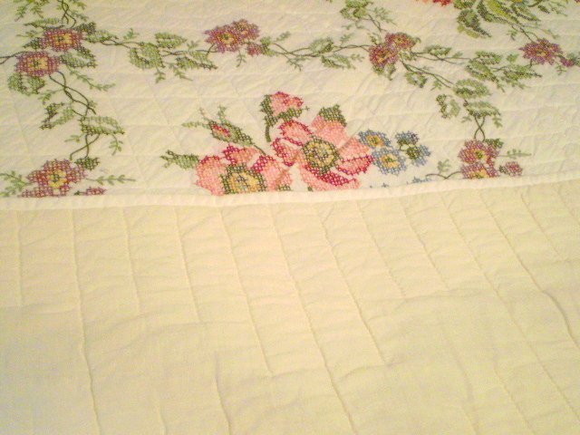Handmade & Signed "Wild Rose" Cross Stitch Quilt Handmade & Signed "Wild Rose" Cross Stitch Quilt