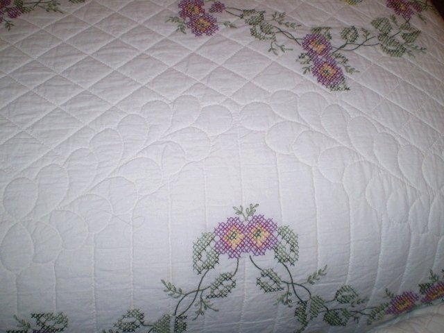 Handmade & Signed "Wild Rose" Cross Stitch Quilt Handmade & Signed "Wild Rose" Cross Stitch Quilt