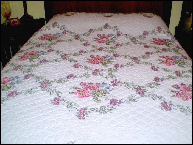 Handmade & Signed "Wild Rose" Cross Stitch Quilt Handmade & Signed "Wild Rose" Cross Stitch Quilt