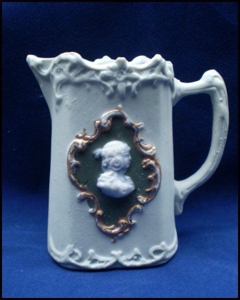 Schafer Vadter Jasperware Green Cameo Pitcher Schafer Vadter Jasperware Green Cameo Pitcher