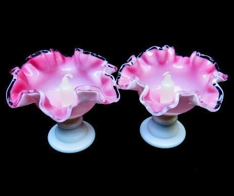 PAIR Fenton Peach Crest Candleholders Footed & Double Crimped PAIR Fenton Peach Crest Candleholders Footed & Double Crimped