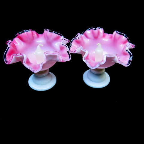 PAIR Fenton Peach Crest Candleholders Footed & Double Crimped PAIR Fenton Peach Crest Candleholders Footed & Double Crimped
