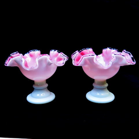 PAIR Fenton Peach Crest Candleholders Footed & Double Crimped PAIR Fenton Peach Crest Candleholders Footed & Double Crimped