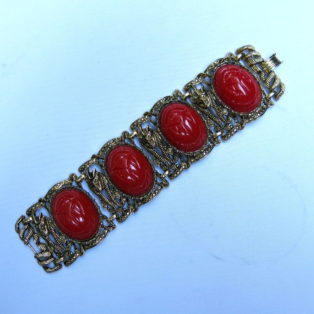Egyptian Revival Wide Red Chunky Scarab Bracelet Egyptian Revival Wide Red Chunky Scarab Bracelet