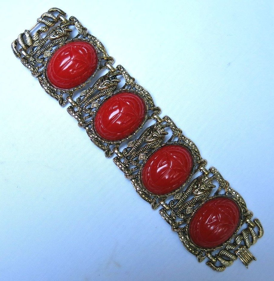 Egyptian Revival Wide Red Chunky Scarab Bracelet Egyptian Revival Wide Red Chunky Scarab Bracelet