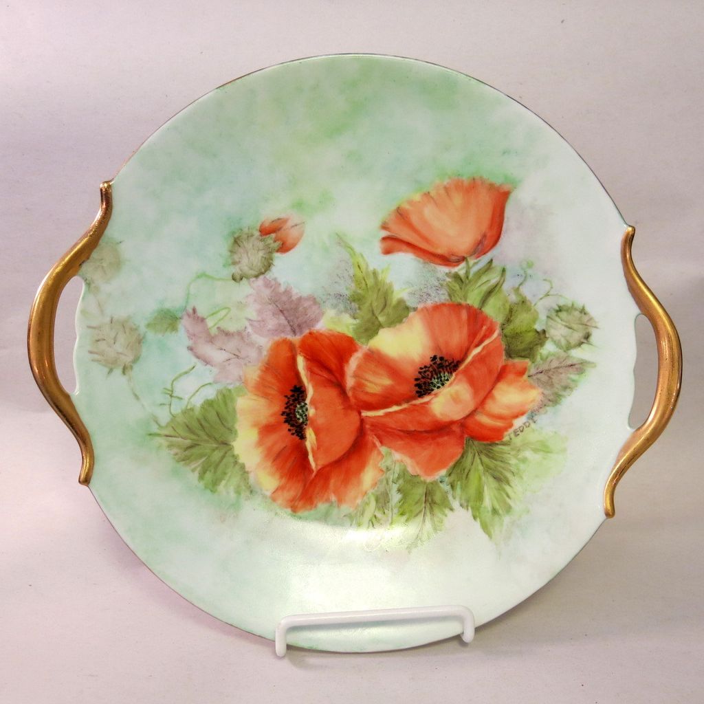 Limoges Plate with Handles & Hand Painted Poppies Giraud Limoges Plate with Handles & Hand Painted Poppies Giraud