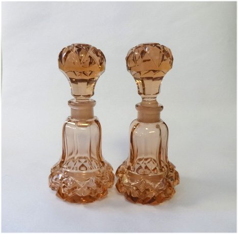Pink Cut Glass PAIR Perfume Bottles Made in Germany Pink Cut Glass PAIR Perfume Bottles Made in Germany