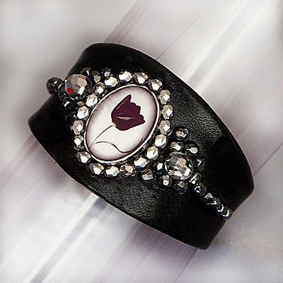 Bold Leather bracelet, romantic tulip cameo, silver, beads. Upscale jewelry design. Bold Leather bracelet, romantic tulip cameo, silver, beads. Upscale jewelry design.