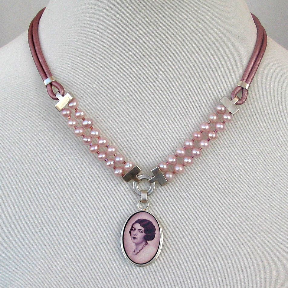 Silver cameo pendant. Pearls and leather romantic necklace design. Silver cameo pendant. Pearls and leather romantic necklace design.
