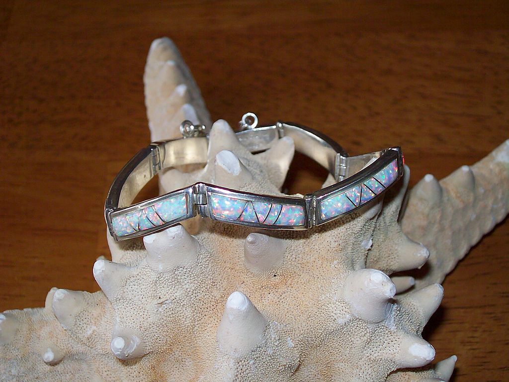 Calvin Begay Inlaid Gilson Opal and Sterling Silver Bracelet Calvin Begay Inlaid Gilson Opal and Sterling Silver Bracelet