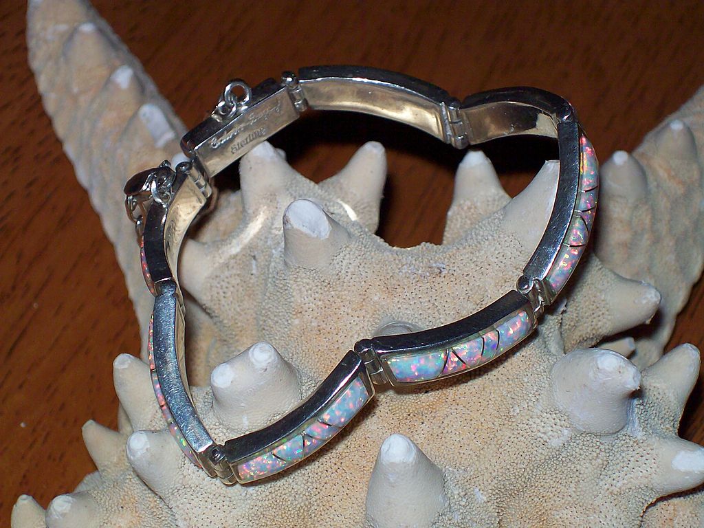 Calvin Begay Inlaid Gilson Opal and Sterling Silver Bracelet Calvin Begay Inlaid Gilson Opal and Sterling Silver Bracelet