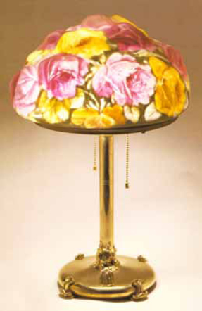 Brass Table Lamp with Enameled, Ice Chip, Red Cased Glass Shade - Ruby Lane