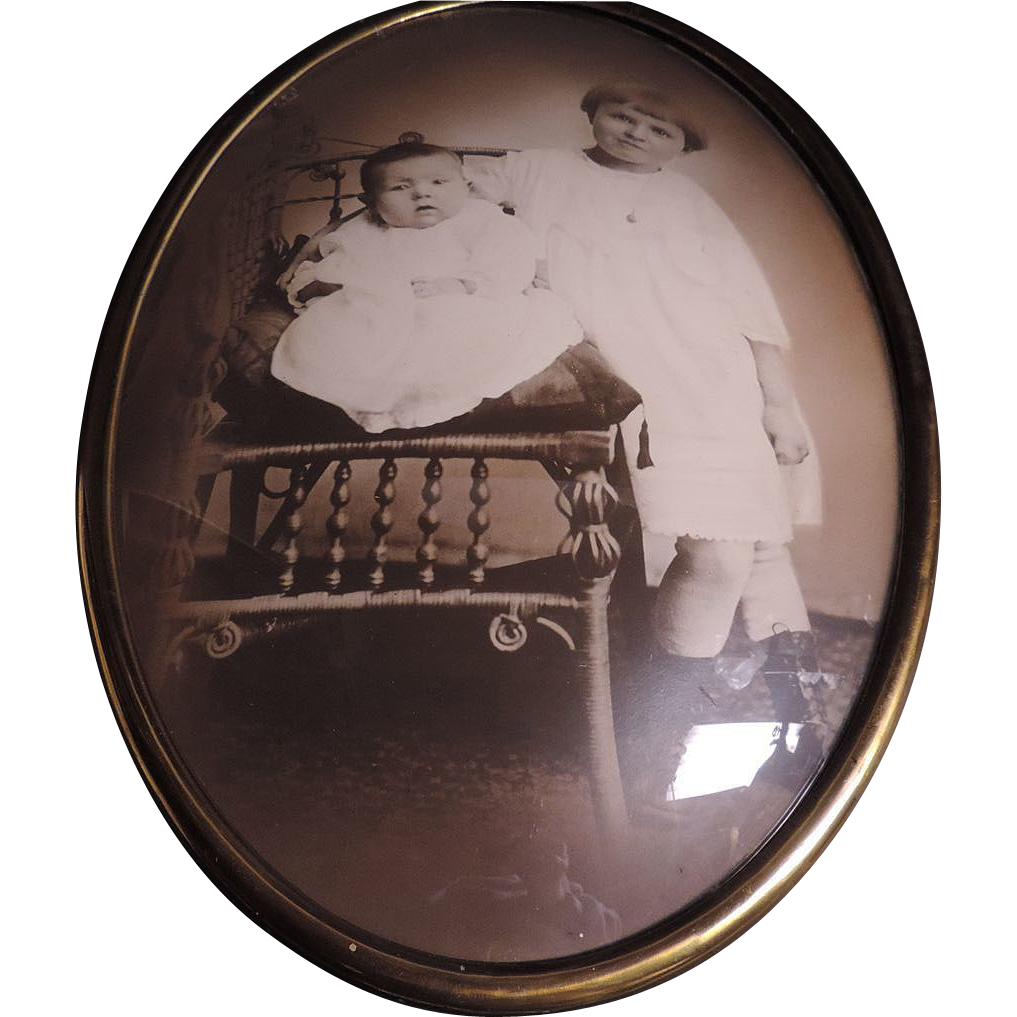 Antique Brass Oval Convex Glass Picture Frame With Original Photo from ...