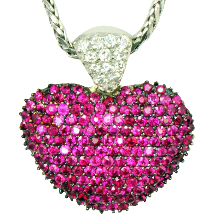 Large Ruby Diamond Puffed Heart Pendant on Chain 14kt G from ...