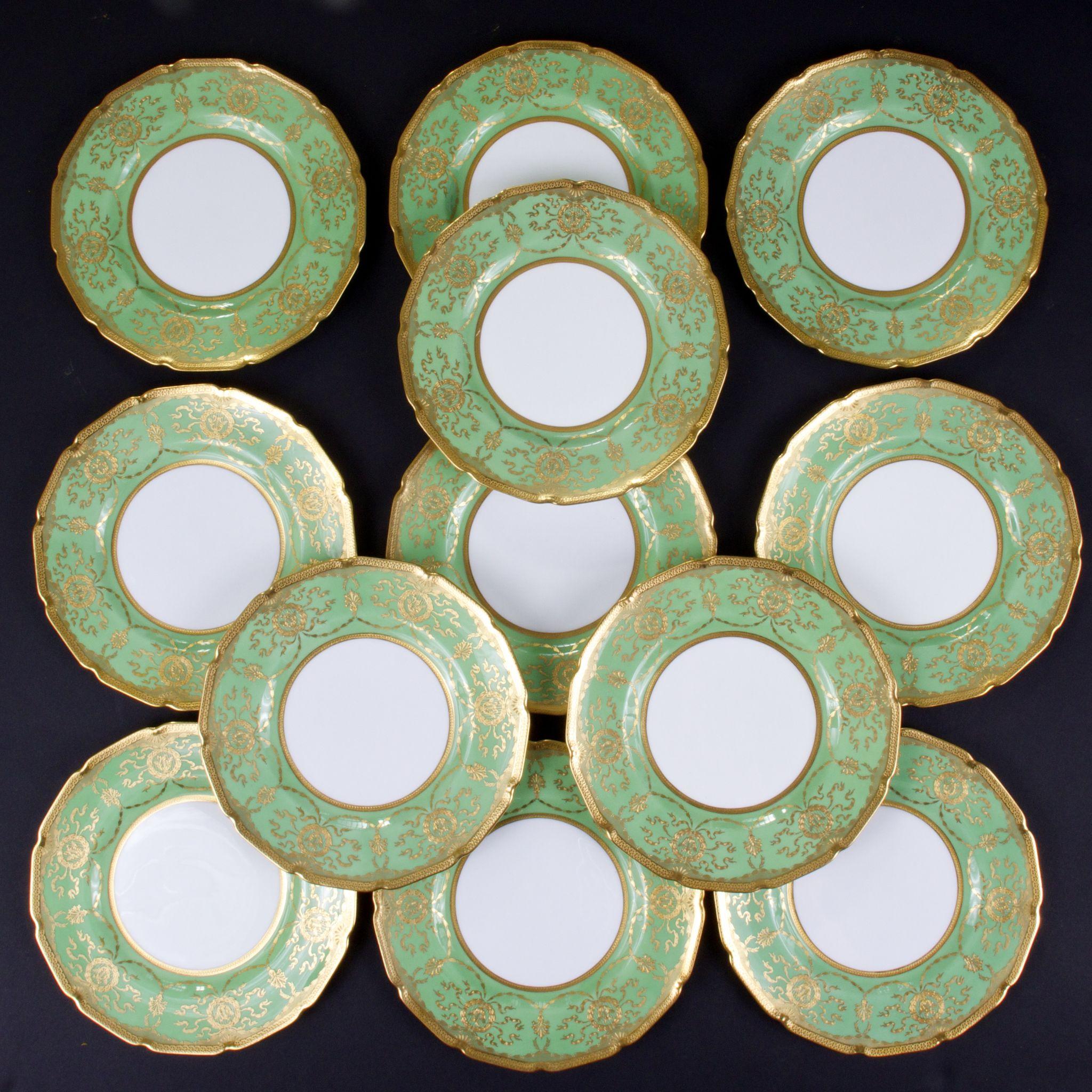 12 Green Gilded Royal Doulton Plates from gildedagedining on Ruby Lane