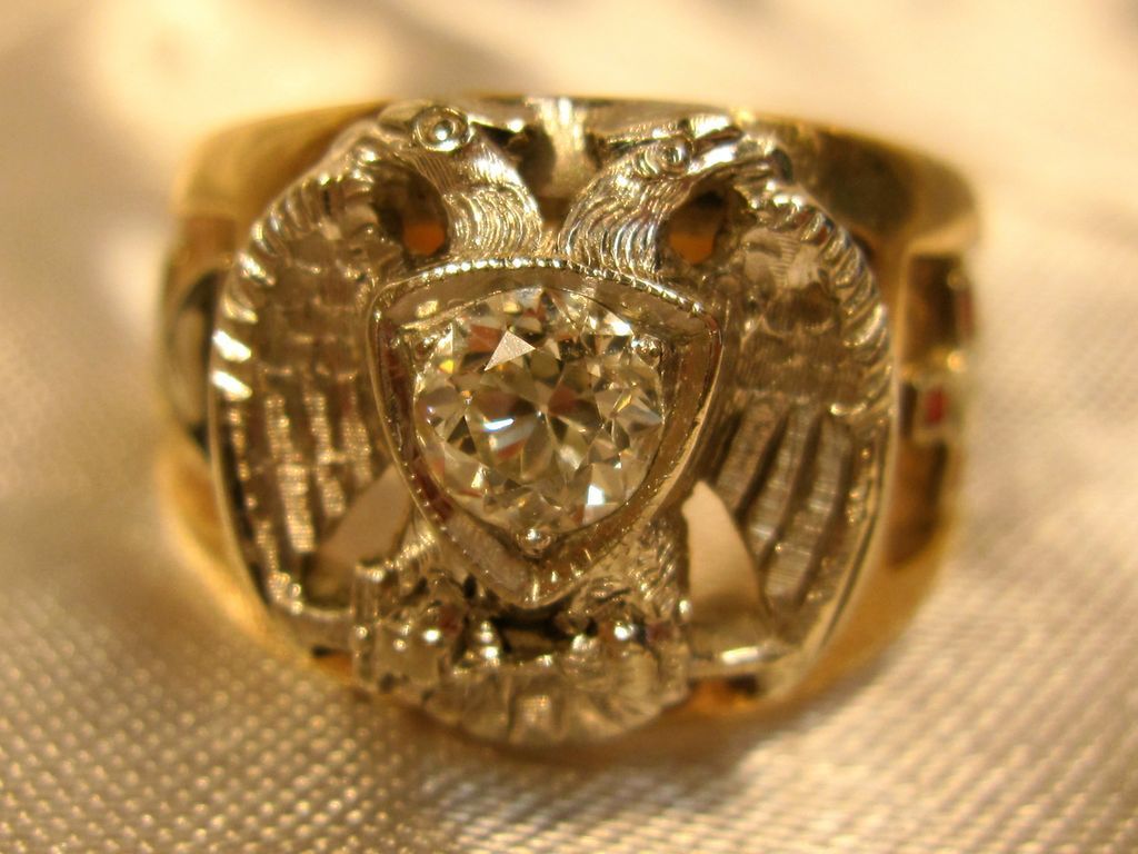 10K Yellow Gold Scottish Rite 32nd Degree Masonic Diamond Ring from