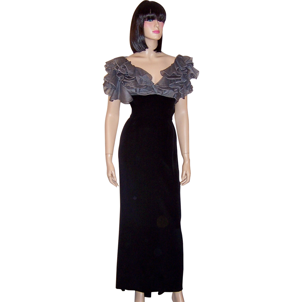 Late 1930's Black Gown with Gray Organdy Ruffled Bodice from ...