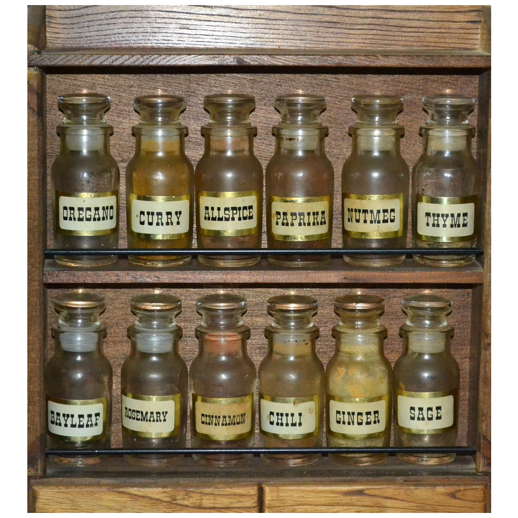 1970s Set of 12 Apothecary Glass Spice Jars w/ Original Wood Cabinet ...