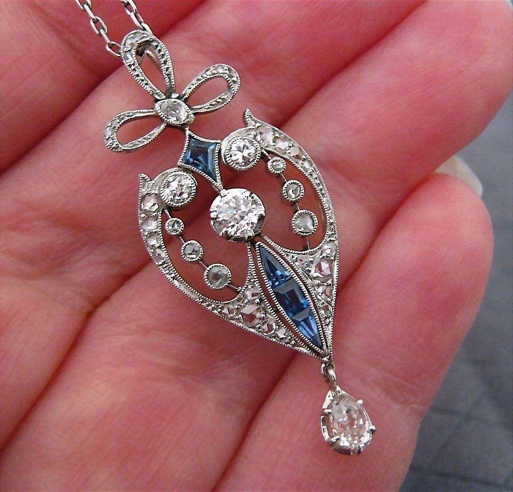 Antique Edwardian Platinum Diamond Sapphire Lavaliere Necklace from ...