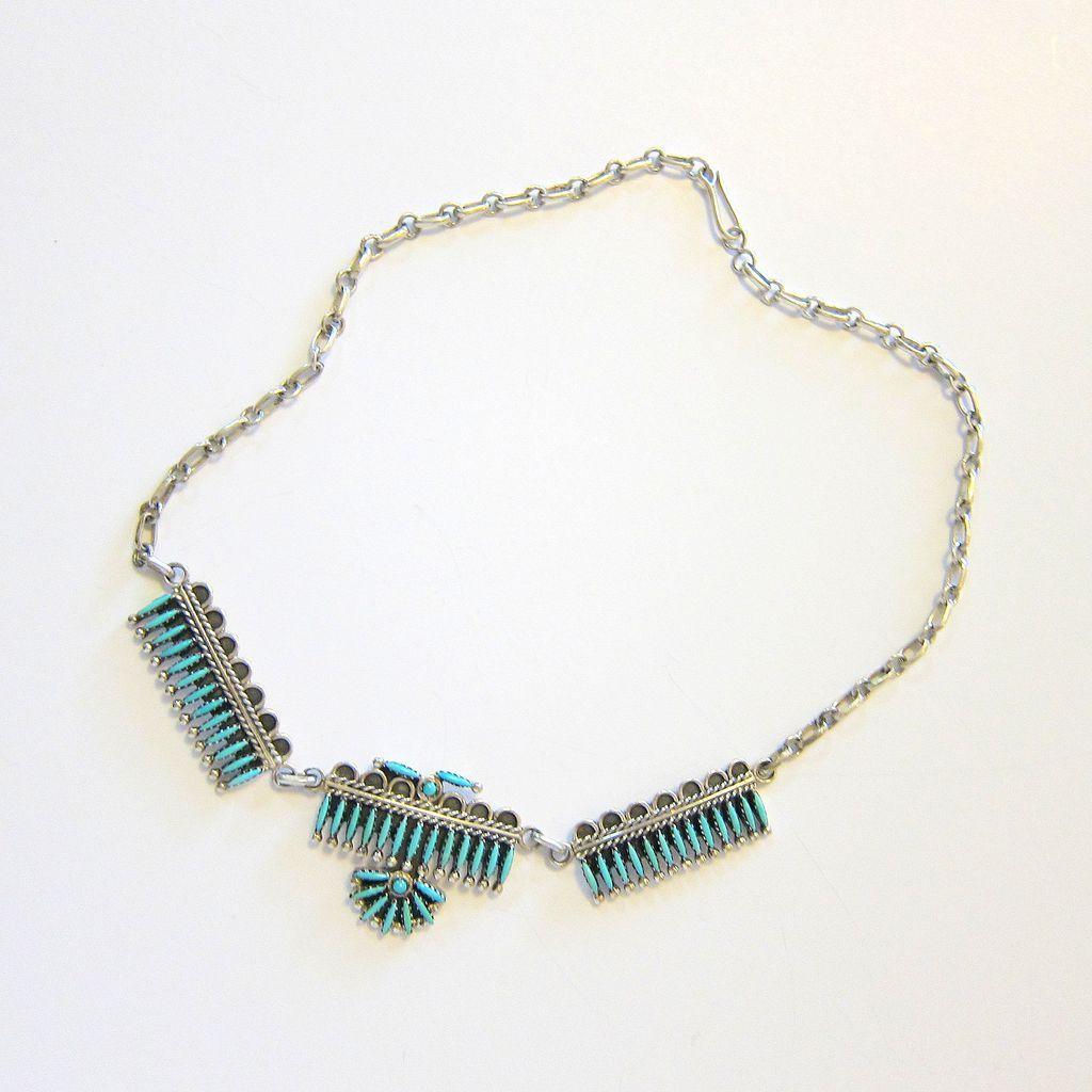 Vintage Zuni Petit Point Sterling & Turquoise Necklace - Hallmarked ...