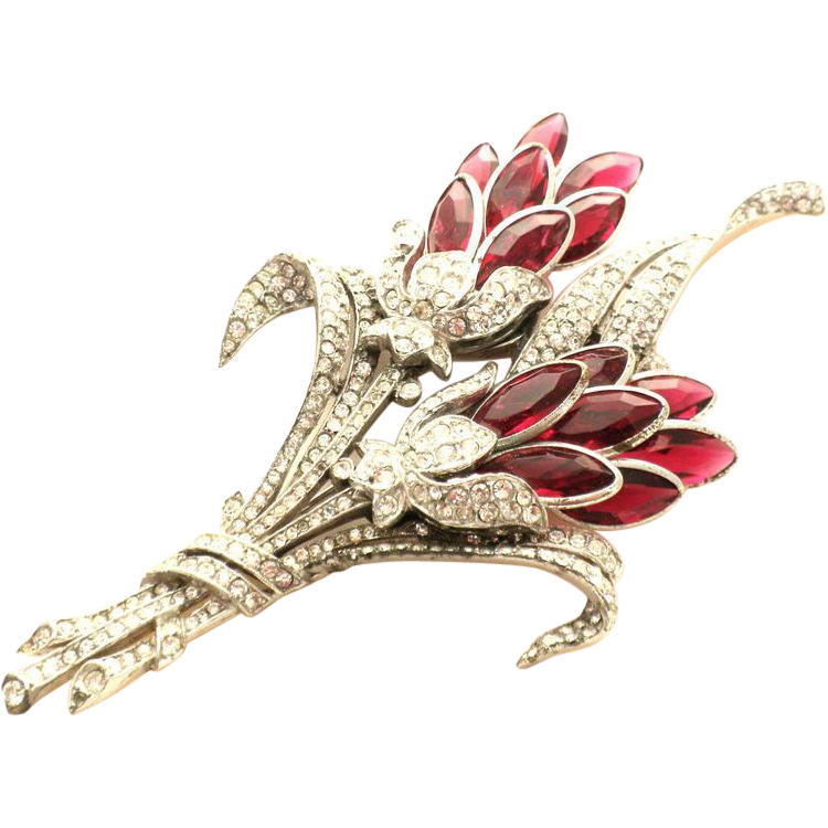 Trifari 1940 Giant Rhinestone Poured Glass flower Fur Clip Pin Brooch ...