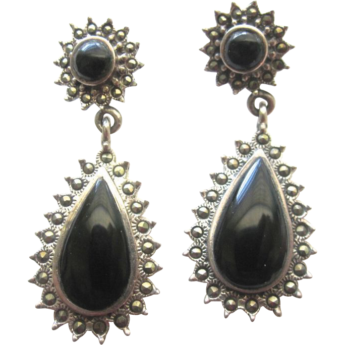 Sterling Silver Black Onyx & Marcasite Dangle Earrings from ...