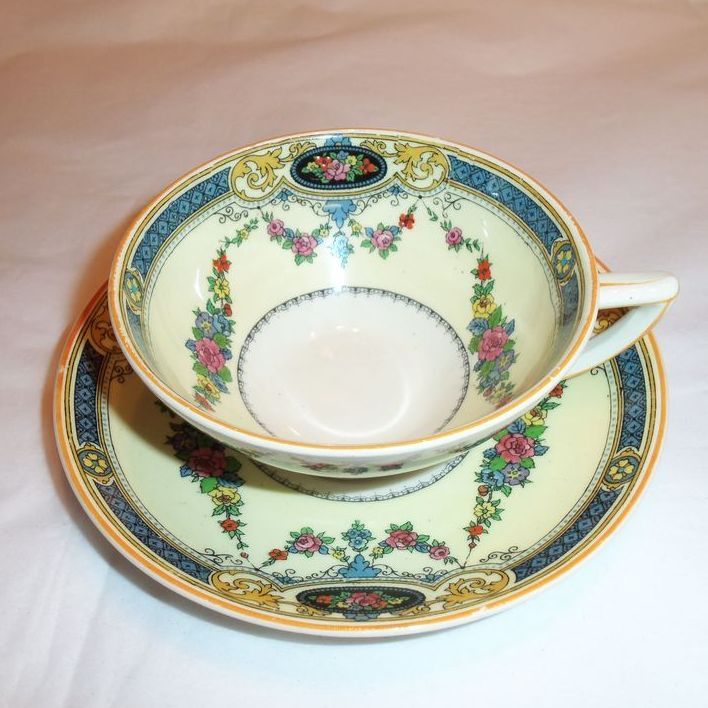 Myott Staffordshire England Cup and Saucer Floral Enamel Garland Blue ...