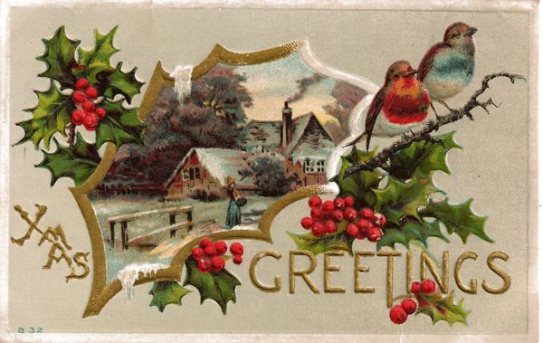 Christmas Greetings Postcard with Lovey Country Scene Cameo and Pretty ...