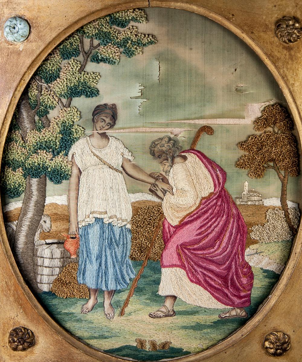 Antique 1700s English Silk Work Embroidery Tapestry, Sampler in Frame