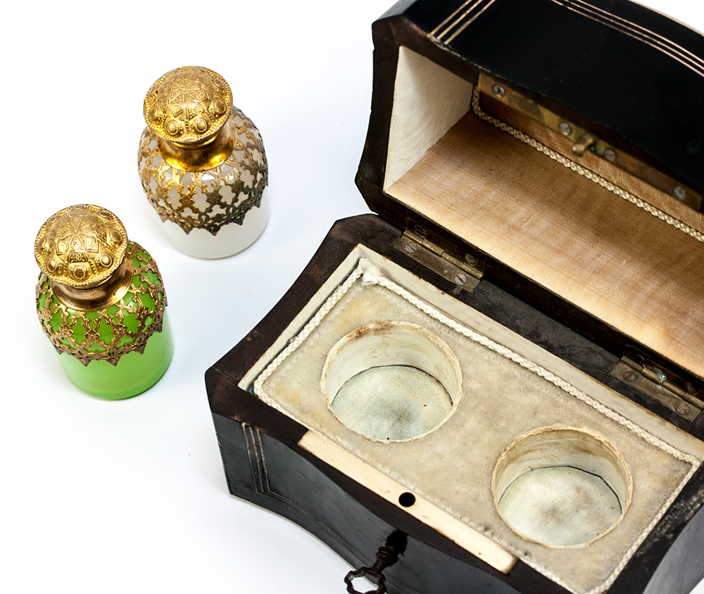 Antique French Scent Casket, Caddy, 2 Opaline Perfume, Cologne Bottles ...