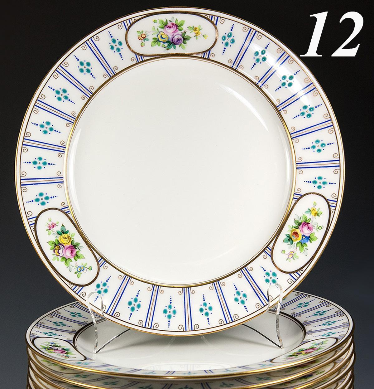 Set of 12 Antique Minton Dinner Plates, 10.25", Raised Enamel & Gold
