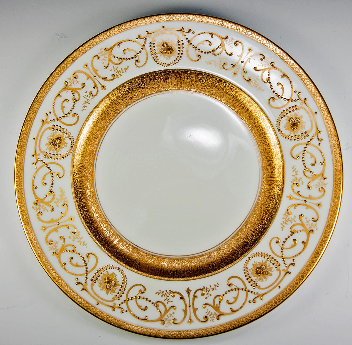 Super set of 9 Raised Gold Enamel Encrusted Dinner Plates, Cauldon