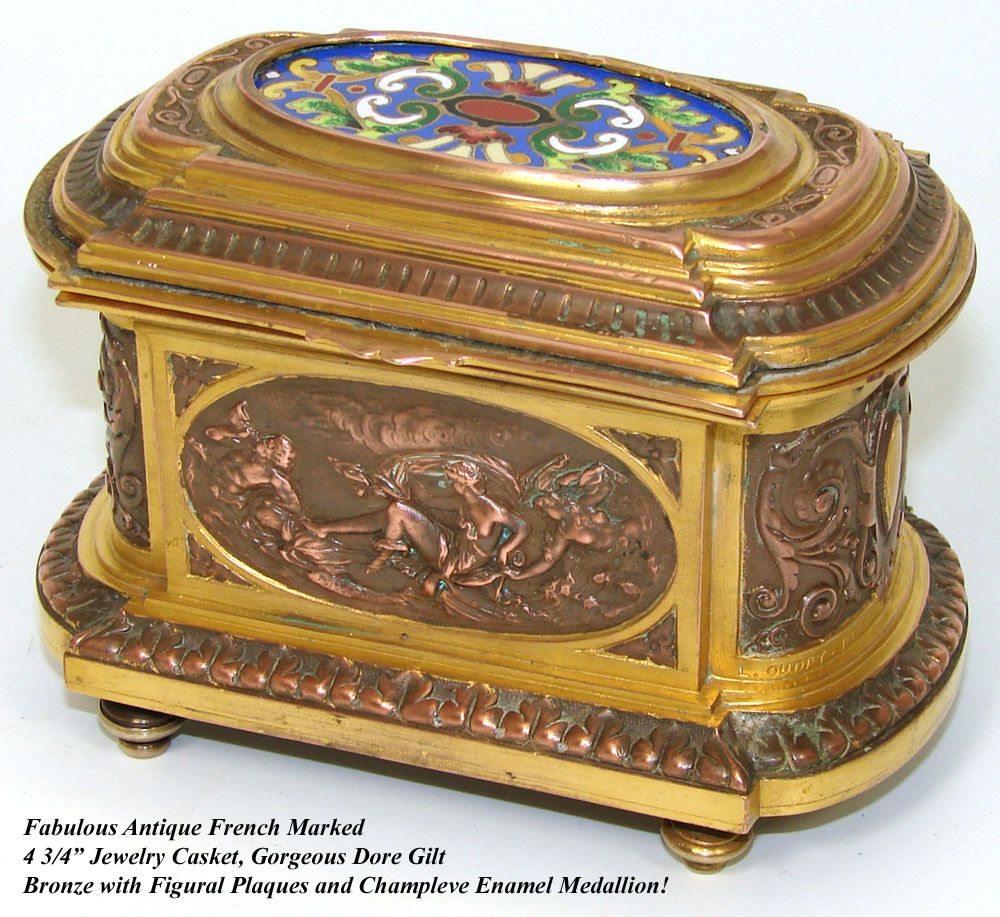   Gilt Bronze & Enamel Jewel Casket, Two Figural Plaques, Signed  